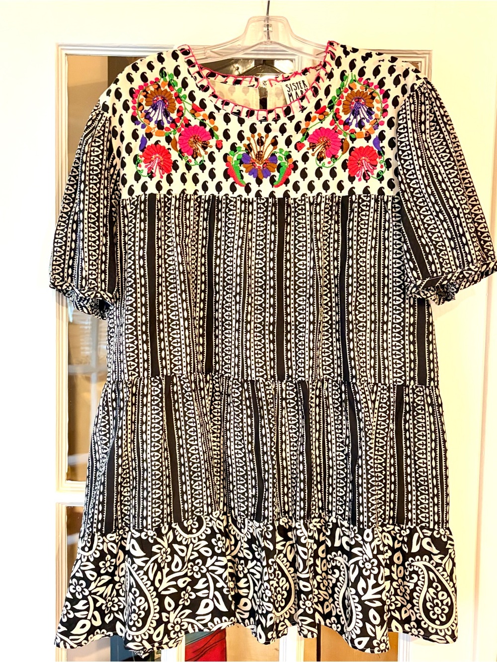 Sister Mary Babydoll Embroidered Tiered Mini Dress XL Boho Black Cream Puff Slv